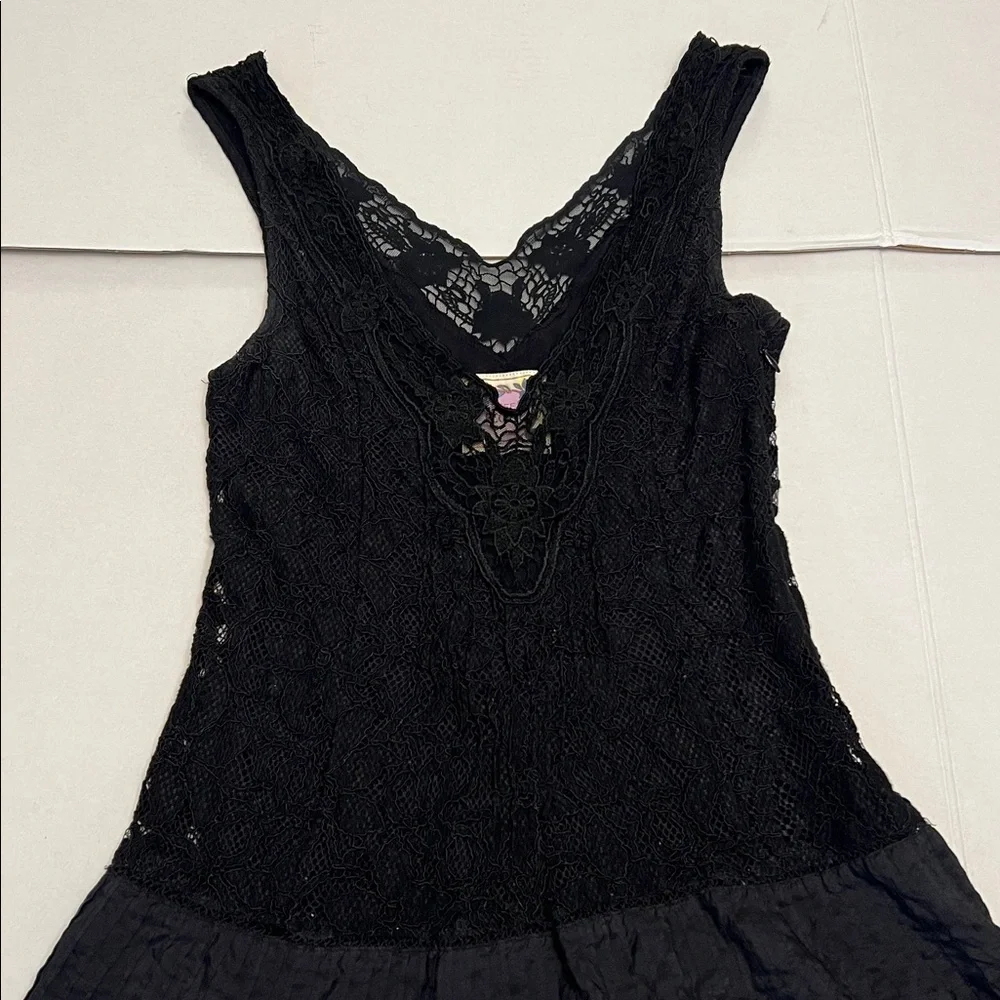 Y2K FREE PEOPLE VINTAGE LACE SILK WHIMSYGOTH BOHO FLOWY MINI DRESS BLACK SIZE 2